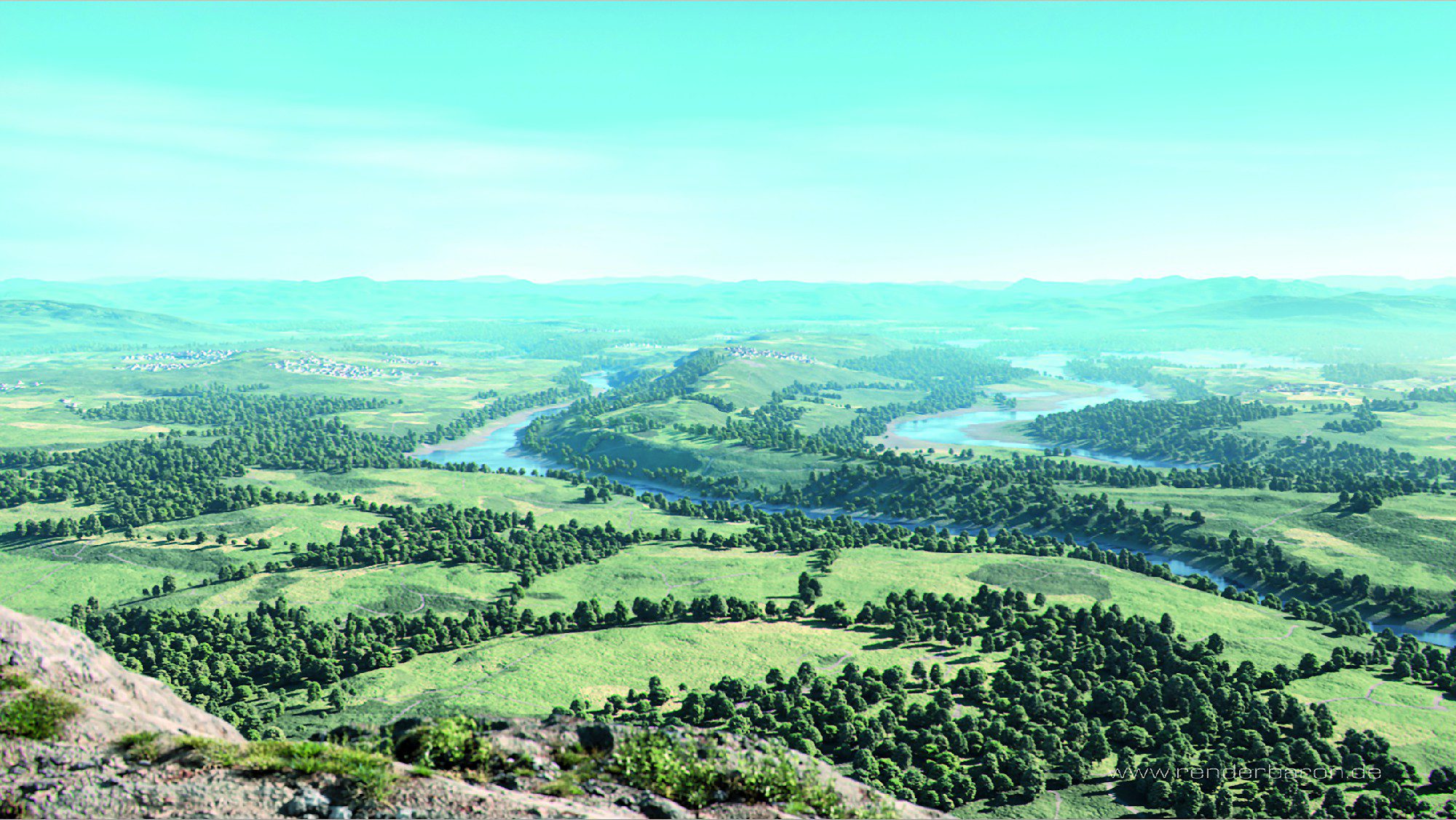 bild08 digital production Bild O8: Animation „Steigenkogel“ (https://vimeo.com/renderbaron/steigenkogel) – die Nebelfelder in der Distanz sind nichts anderes als sehr flache Punktlichter mit sichtbarem Licht, keiner Lichtabstrahlung und nur leichter Noise-Funktion.