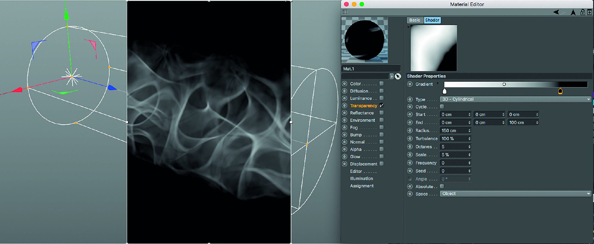bild16 digital production Bild 15 und 16 – Oben: Ein 3D-Noise (Sema) in einem scharfkantigen parallelen Spot mit sichtbarem volumetrischem Licht. Die Kanten wirken unorganisch scharf. Unten maskiert ein zylindrischer 3D-Farbverlauf den Sema innerhalb eines Ebene-Shaders und sorgt für weiche, aufgebrochene Kanten.