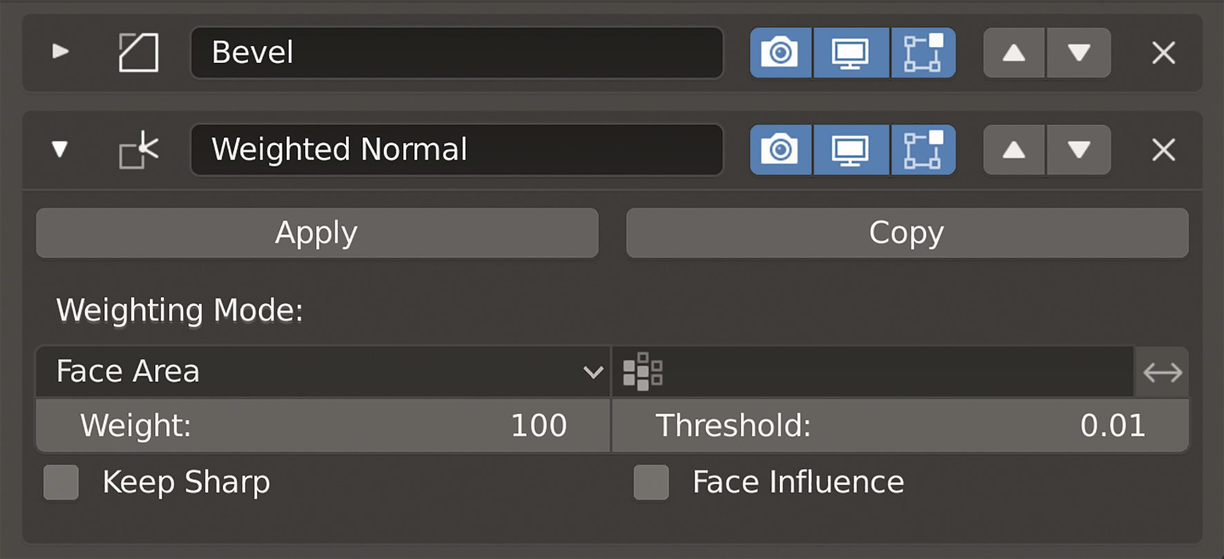 abbildung09weightednormals digital production Abb. 10: Blenders Modifier Panel mit dem Weighted Normal Modifier