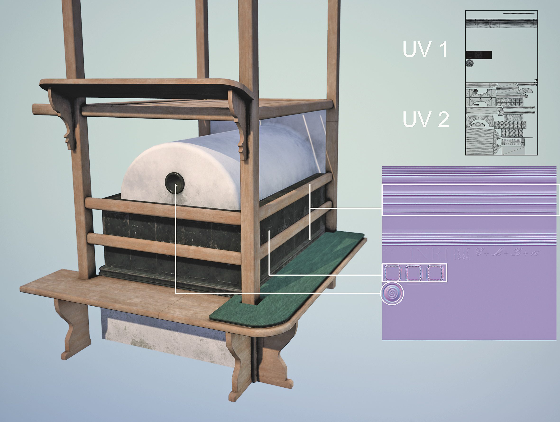 abbildung11trim digital production Abb. 12: Wiederverwendbare Trim Sheets auf einem eigenen UV-Set ersetzen objektspezifische Normal Maps.