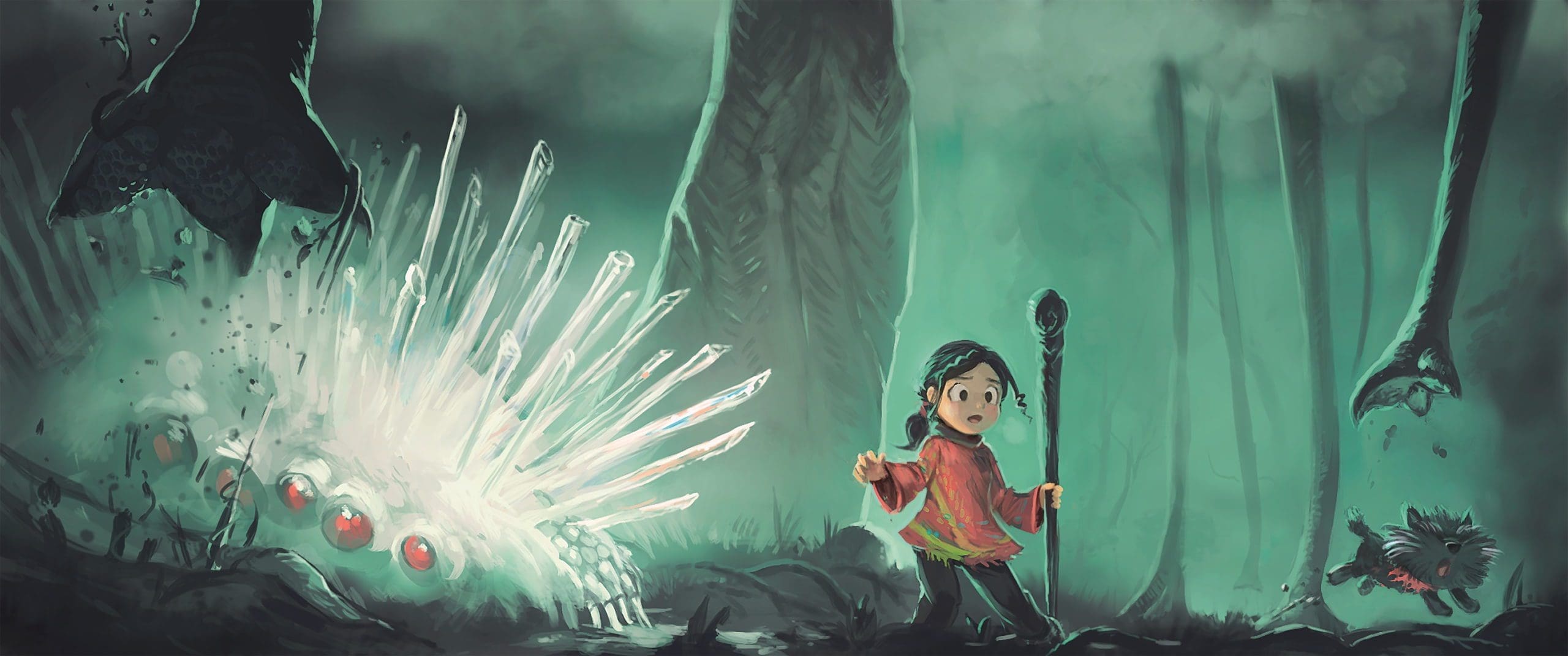 kickoffspeedpainting digital production Dieses Speedpainting wurde von David Revoy am ersten Tag des Kickoff-Meetings erstellt, um sich mit dem Regisseur Andy Goralczyk abzustimmen. Bis zum fertigen Film sollte noch mehr als ein Jahr vergehen.