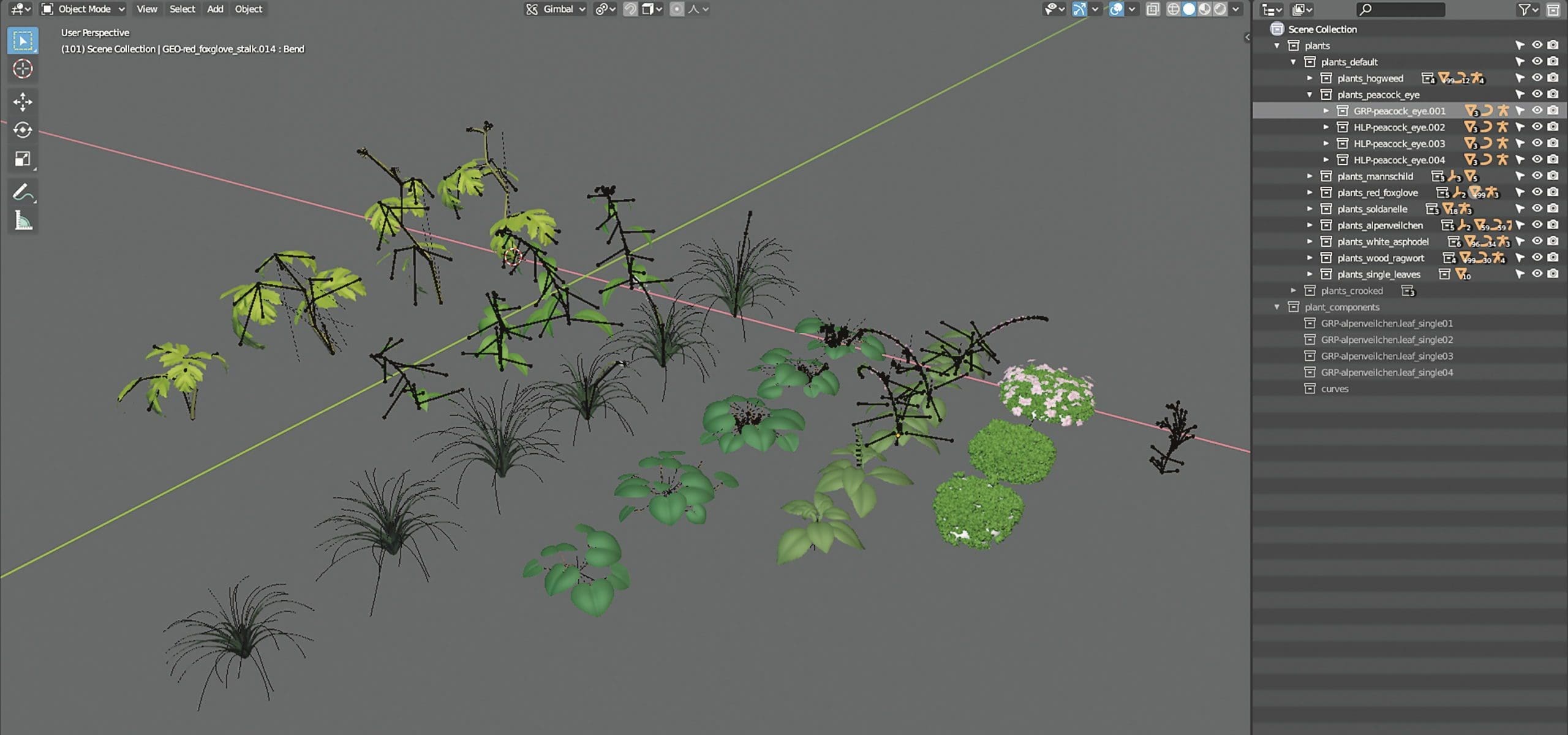 plantsgrowing digital production Ein Beispiel für eine Asset-Datei, wie sie von der Blender Cloud geladen werden kann. Die Pflanzen sind mit Rigs versehen, über die man sie im wahrsten Sinne des Wortes erblühen lassen kann. Und solange man darauf hinweist, dass die Assets aus dem Film „Spring“ sind (das kann z.B. im Abspann geschehen), darf man sie auch kommerziell einsetzen.