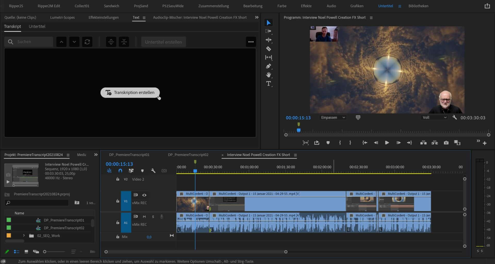 01transcriptpremiereuntertitelworkspace digital production Um zu Transkribieren wechselt man am einfachsten in den neuen Untertitel Workspace. Dann wählt man die zu transkribierende Timeline aus und klickt auf den Transkribieren Tab im Textfenster.