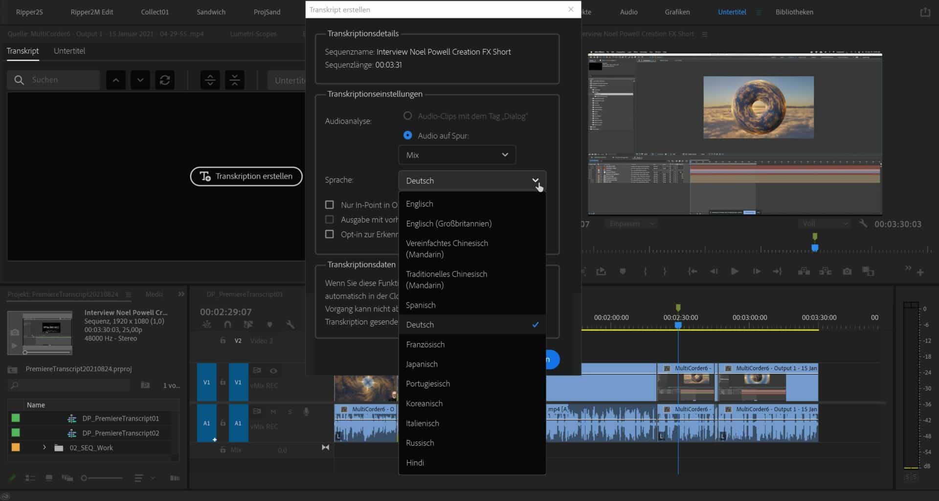 02transcriptpremieresprachen digital production Nachdem die Sprache ausgewählt und das Transkribieren gestartet wurde, wird automatisch ein Audiofile gerendert und in die Adobe Cloud hochgeladen.