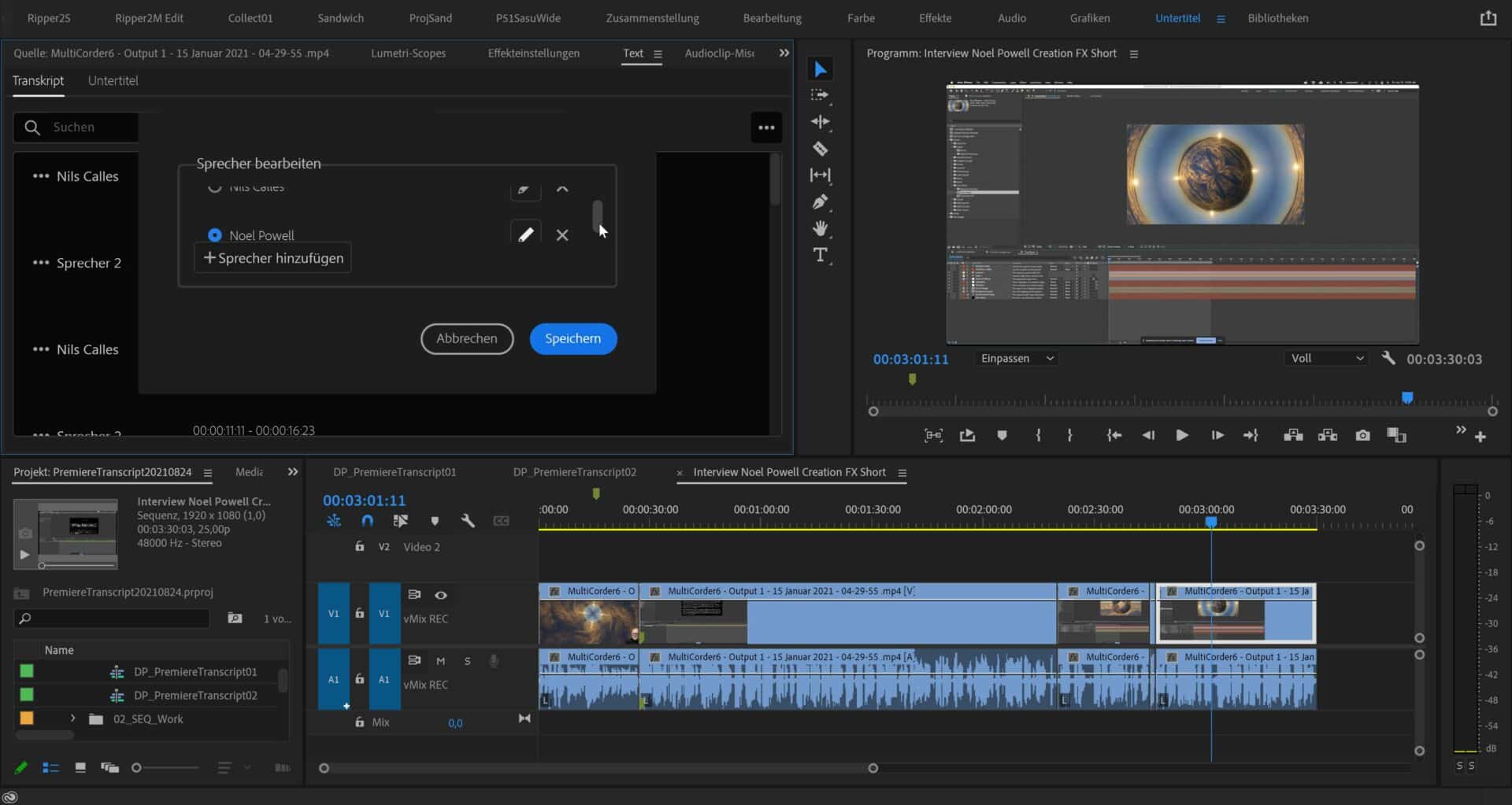 04transcriptpremieresprechername digital production Auch verschiedene Sprecher können erkannt werden. Die Namen der Sprecher lassen sich nach Klick auf die 3 kleinen Punkte bearbeiten. Es ist nicht gleich ersichtlich das es an der Seite des Fensters einen kleinen Balken gibt, mit dem man zum zweiten Sprecher scrollen kann, um diesen zu ändern.