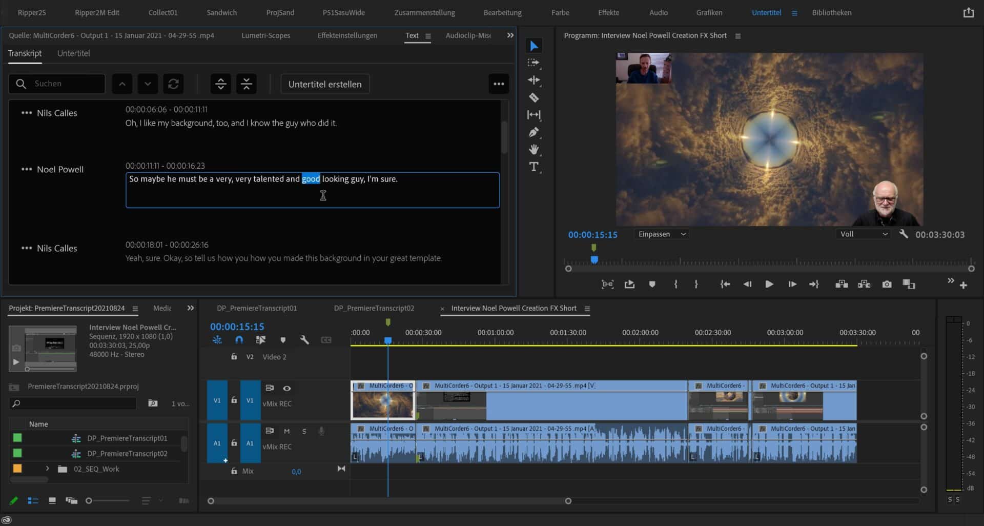 05transcriptpremieregoodlooking digital production Der transkribierte Text erscheint dann nach kurzer Wartezeit im Textfenster und kann dort auch direkt editiert werden. Die Timeline läuft dabei synchron zu der optisch hervorgehobenen Textstelle.