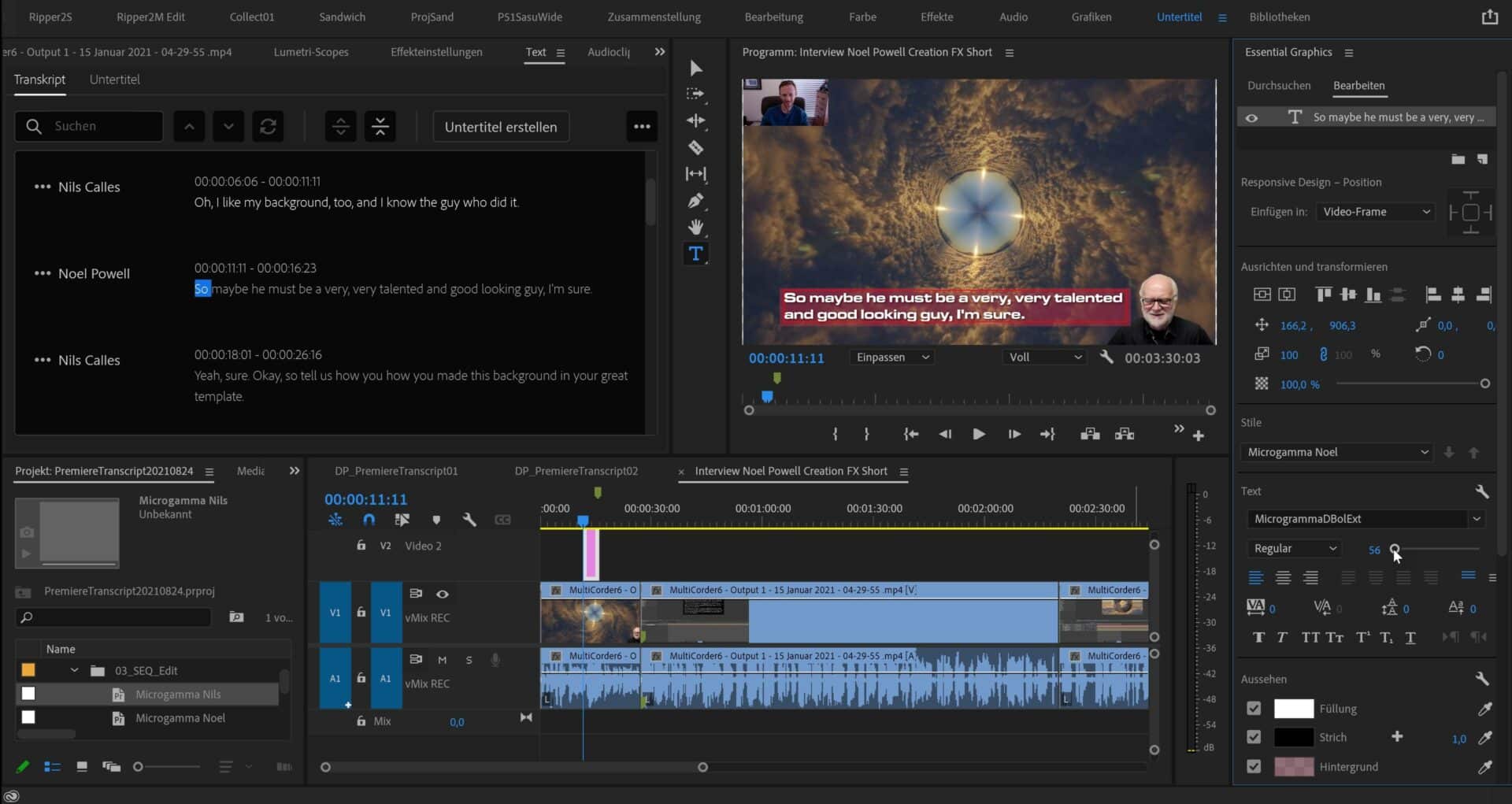 06 digital production Dazu legt man am Besten im Vorfeld schon einige Vorlage im Essential Graphics Panel an, die man dann bei der Untertitelerstellung direkt auswählen kann. Man klickt einfach mit dem Textwerkzeug in den Programmmonitor und schreibt einen stellvertretenden zweizeiligen Text. Dann wählt man sich einen passenden Font aus, stellt Farben, Border, Schatten und Hintergrund nach seinen Vorstellungen ein und speichert das dann mit „Stil erstellen“ ab. Der Textstil erscheint dann auch sofort im Projektfenster. Er kann von dort mit einem Rechtsklick auf „Textformate exportieren“ zum Beispiel für den späteren Gebrauch in der Adobe Creative Cloud abgespeichert werden. Von dort können er später per Drag & Drop in ein anderes Projekt reingezogen werden.