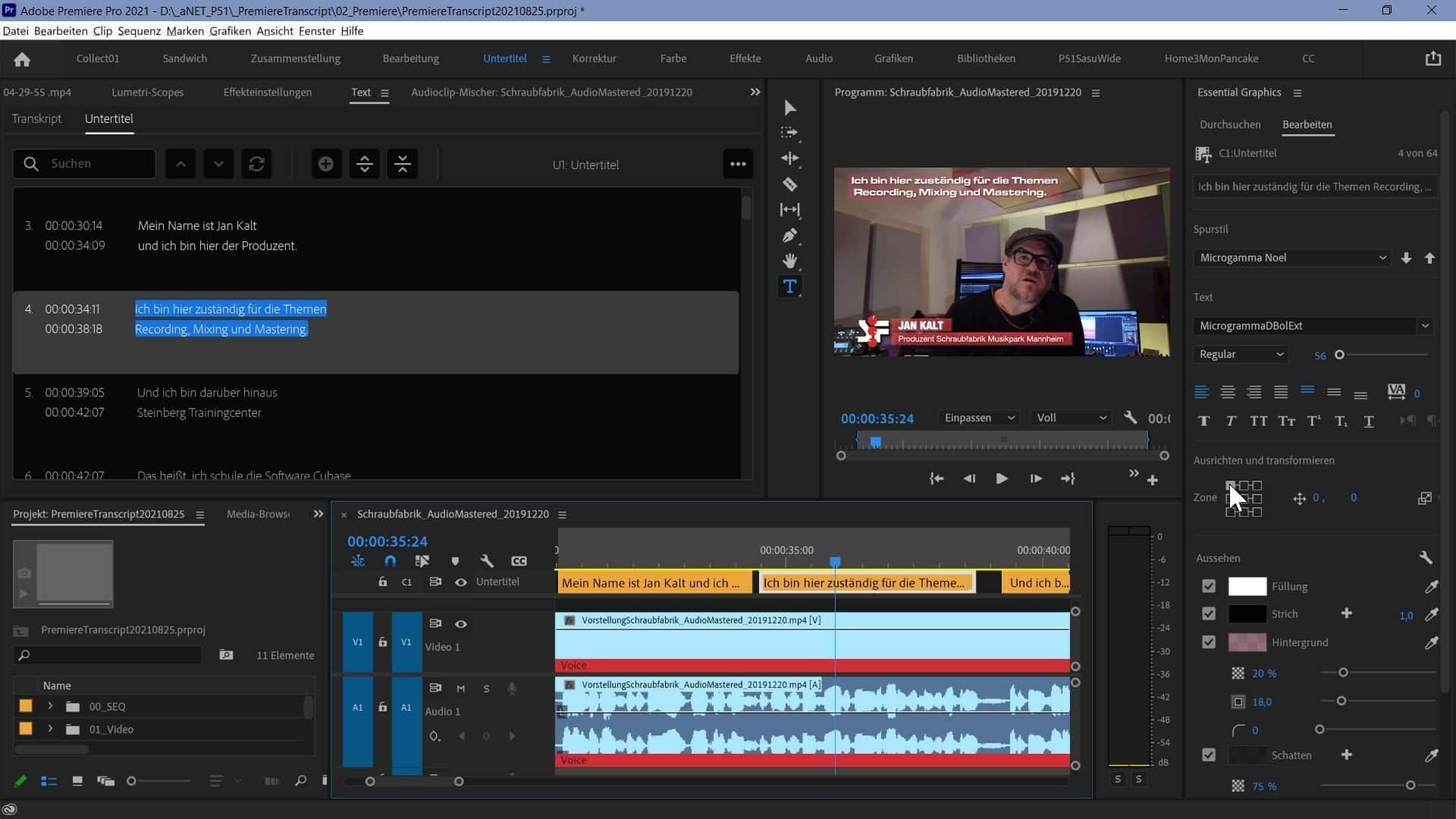 17 digital production Wenn nun einige Untertitel modifiziert werden sollen, können einzelne oder mit der Shift Taste auch mehrere ausgewählt und im Essential Graphics Fenster editiert werden um zum Beispiel bei einem Sprecher die Farbe des Texthintergrunds zu ändern. Bei einer Überlagerung mit einem Namensinsert können Untertitel auch anders positioniert werden.